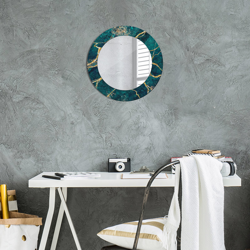 Huldar Glass Flat Mirror, 50cm H x 50cm W, Golden Malachite Green Marble