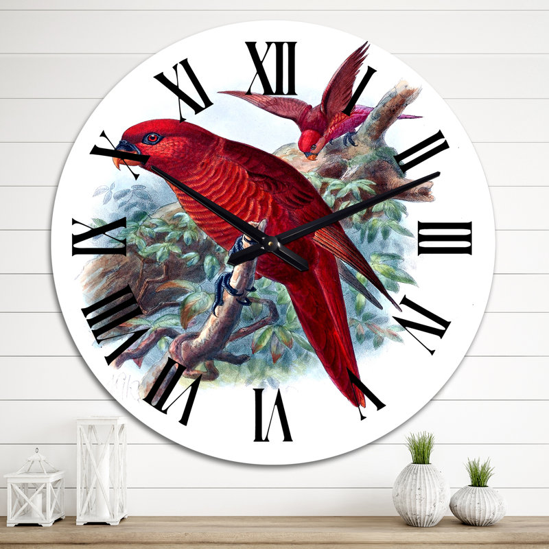 Perroquet rouge sur une branche dans la jungle - horloge murale traditionnelle, Grand