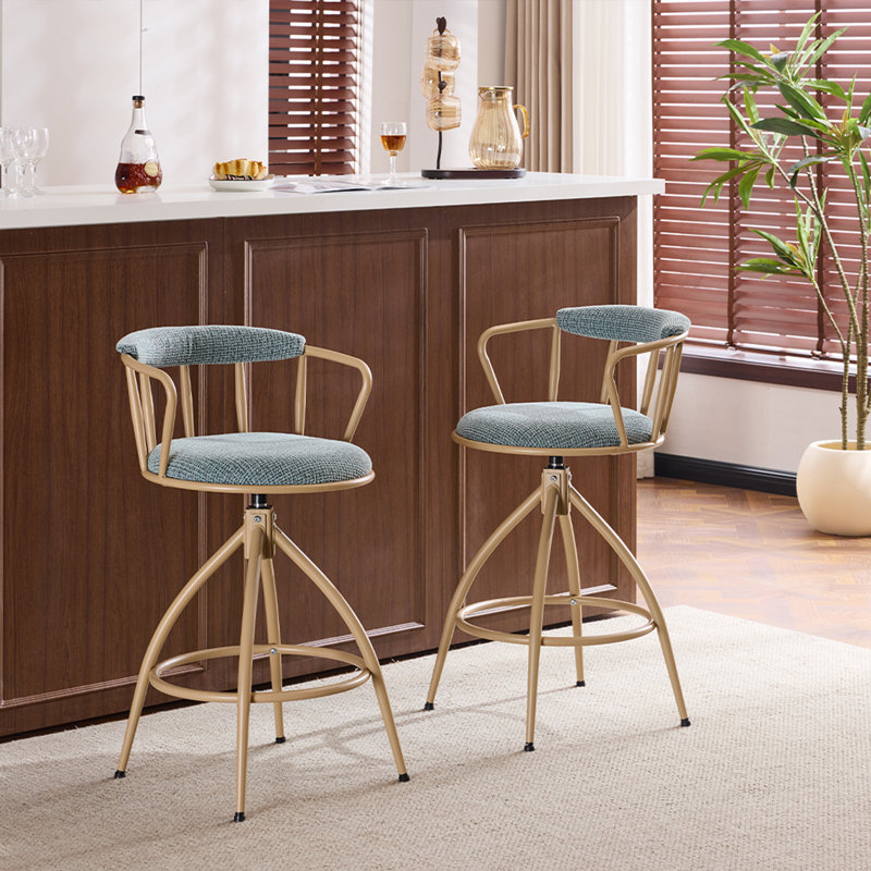 Ensemble de 2 tabourets de bar pivotants en tissu avec dossier et repose-pieds pour la cuisine à domicile, Bleu