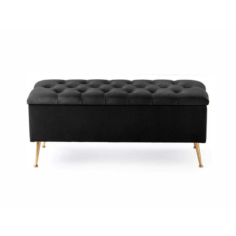 Amara Wide Velvet Tufted Rectangle Storage Ottoman Footstool Upholstered Bench with Legs for Living Room & Bedroom, Black