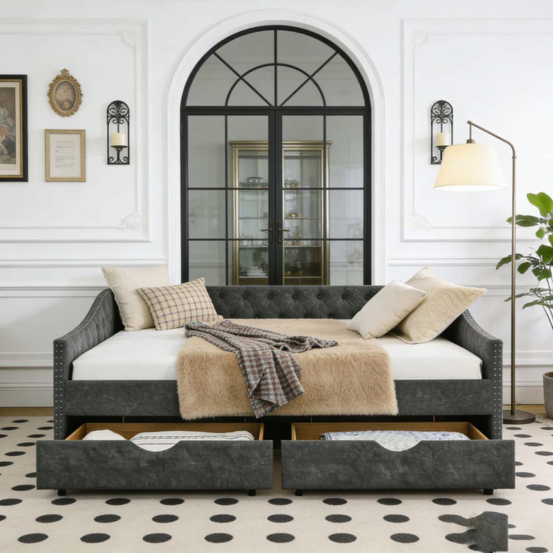 Lit de jour simple avec tiroirs et canapé-lit capitonné, Lit simple, Polyester gris