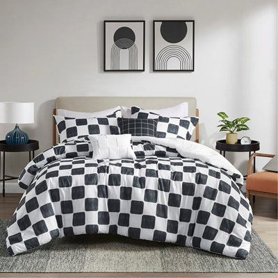 Couette à carreaux en microfibre pour lit simple/simple XL, imperméable, 1 couette, 1 taie d'oreiller, 2 coussins décoratifs, motif noir et blanc avec rembourrage, lavable à la machine, coussins inclus