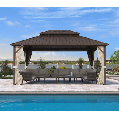 Aluminum Patio Hardtop Bronze Gazebo with Privacy Curtain and Mosquito Netting