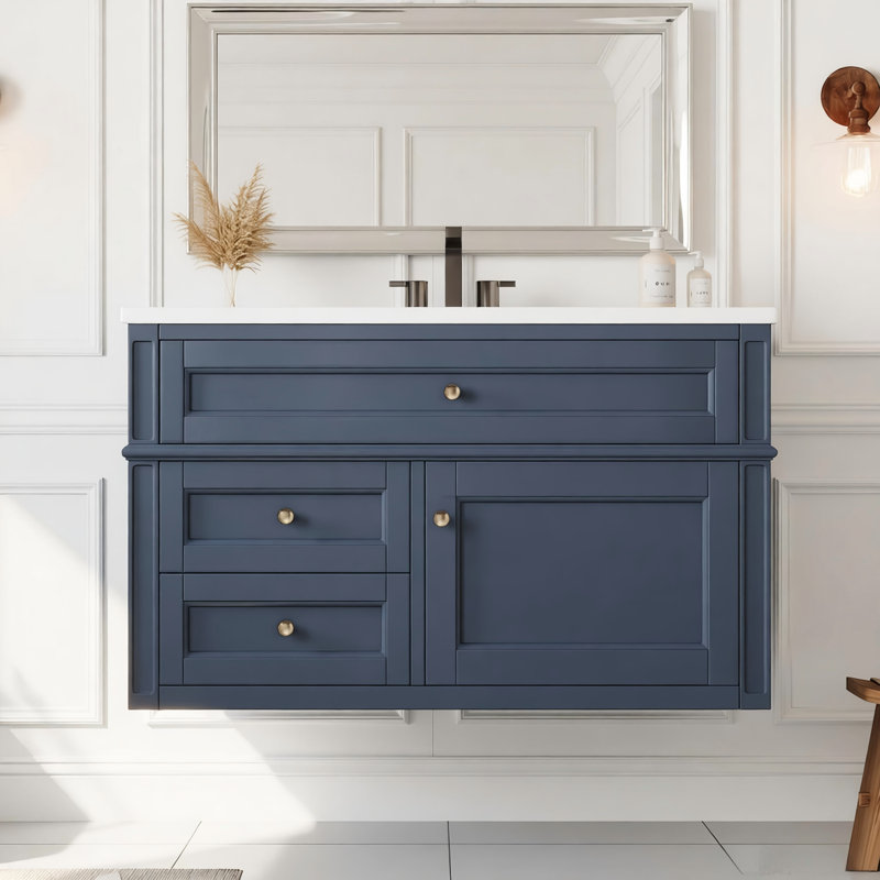 Meuble-lavabo mural de 36 po, armoire de rangement flottante avec 2 tiroirs, 1 tiroir basculant, lavabo simple en céramique à 3 trous, armoire moderne
