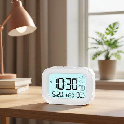 Réveil-matin numérique blanc multi-usages, écran de 3 pouces, 2 alarmes, rétroéclairage de 5 secondes, sommeil, température intérieure, alimenté par piles