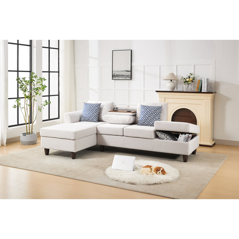 4 - Seat Reconfigurable With Hidden Compartments And Matching Accent Pillows, Beige Linen Upholstery, Foam Filler, 97 Inch Product Depth, 57 Width, 34 Height For Modern Living Settings Modular