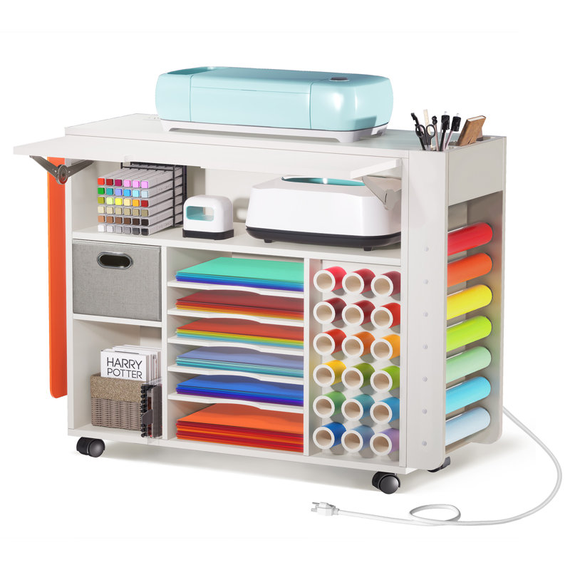 Organisateurs d'artisanat et chariot de rangement avec bureau extensible et prise de courant, compatible avec Cricut Machine, table d'artisanat avec tiroir et porte-rouleau en vinyle, poste de travail d'armoire