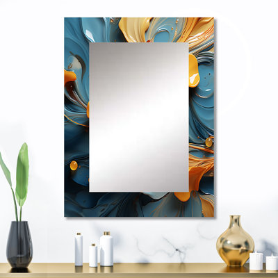 Feuilles orange modernes flottant sur une vague bleue tendre - miroir de formes abstraites, miroir mural décoratif moderne, impression d'art en métal