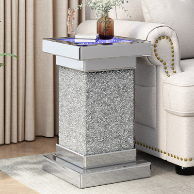 11.8''  Square Mirrored End Table With LED S, Modern Side Table With Crushed Diamond For Living Room, No Assembly Required