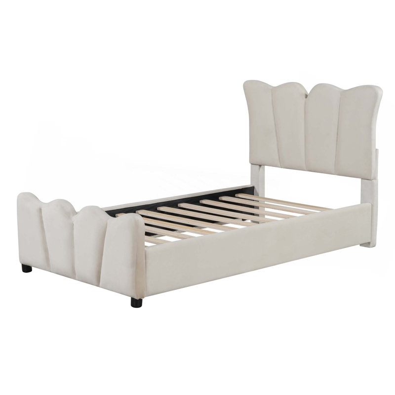 Lit plateforme tapissier en velours, Beige, Simple