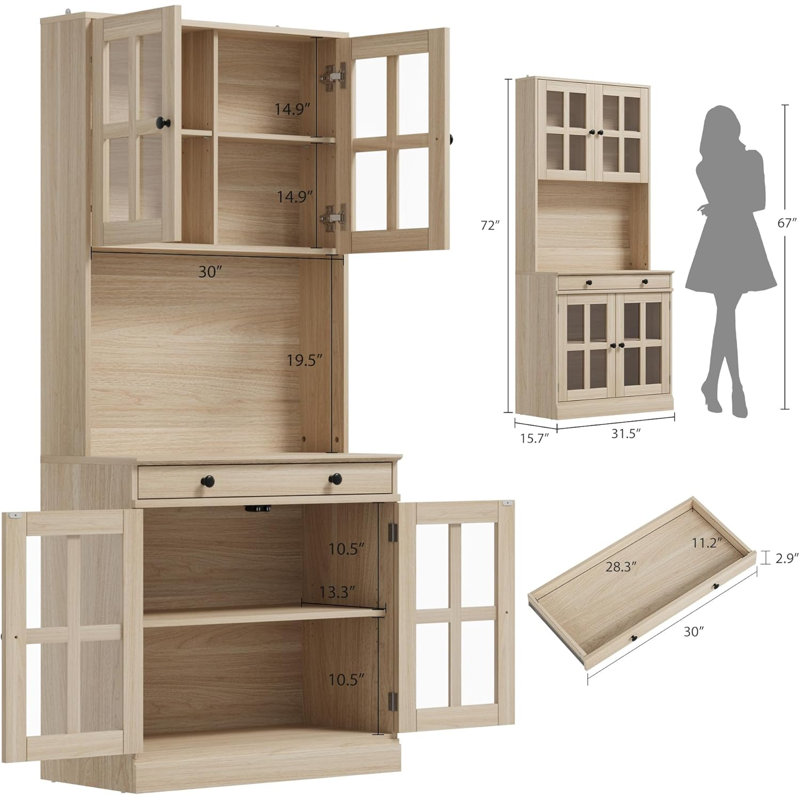 Armoire de cuisine 72 pouces avec portes en verre, tiroir et tablettes réglables, Light Oak