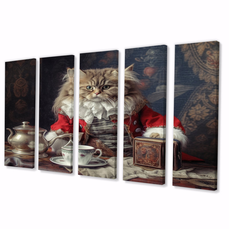 Chat blanc sibérien en costume élégant - reproduction de toile de chat animaux - 5 panneaux égaux