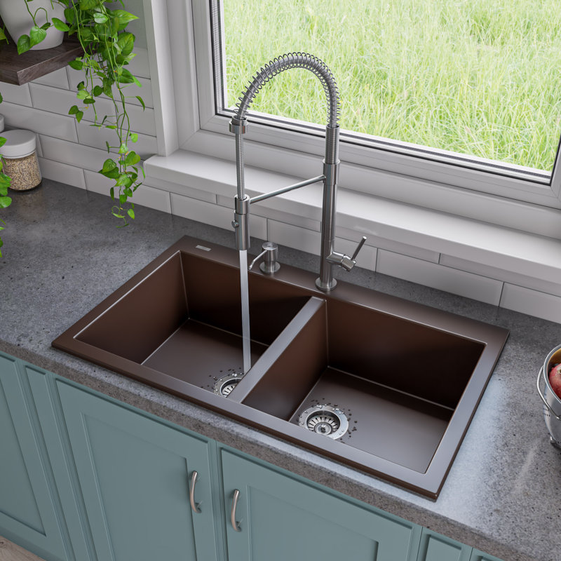 33.88'' L Double Bowl Granite Kitchen Sink, Chocolate