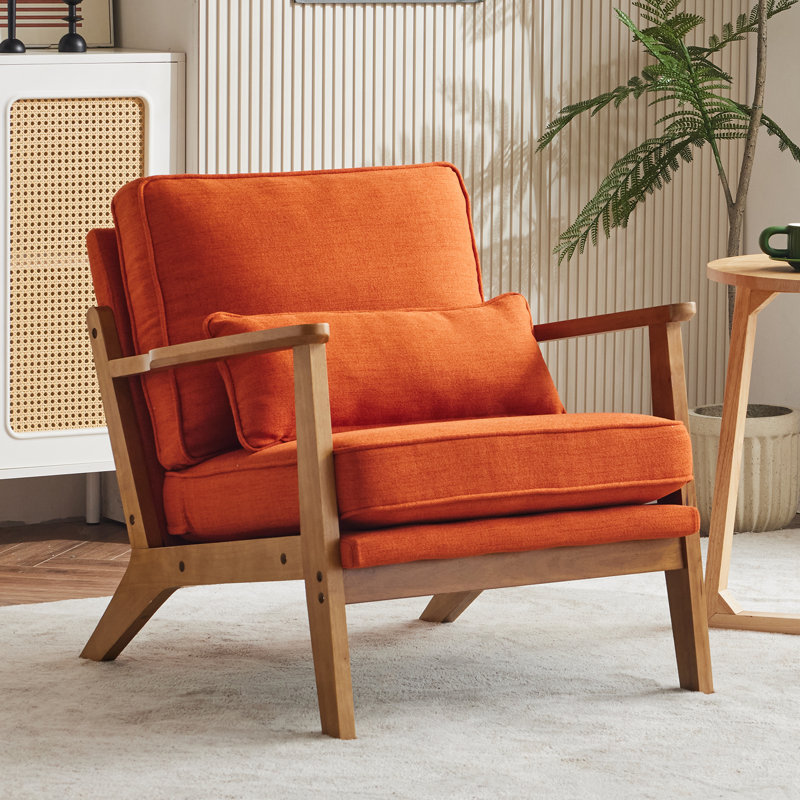 Orange Linen Upholstered Accent Chair with Oak Armrest