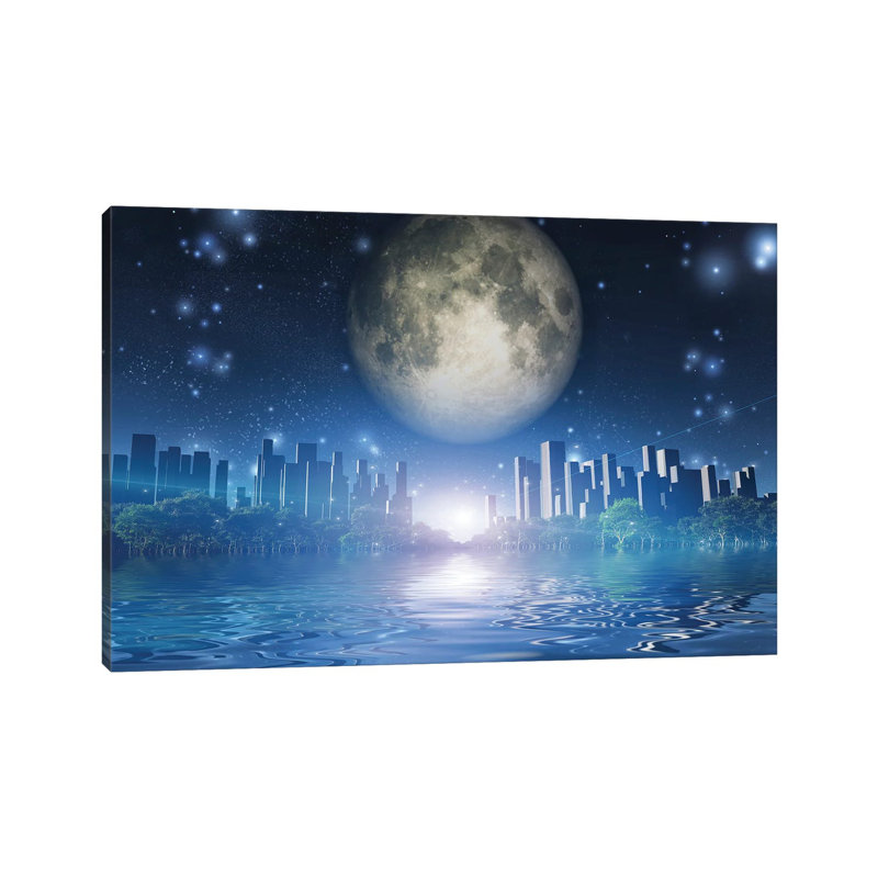 Green Trees In Water World Giant Moon In The Sky by Bruce Rolff - Wrapped Canvas Painting