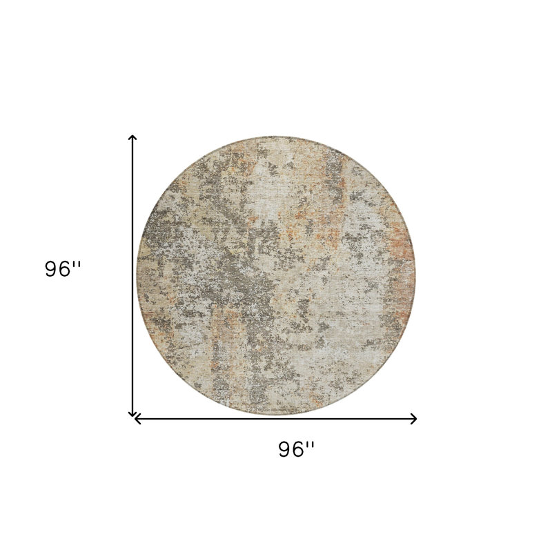 Tapis extérieur rond lavable abstrait 8 pi beige et gris foncé en terre cuite