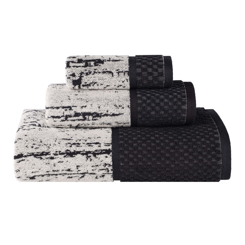 Lodie Cotton Plush Soft Absorbent Jacquard Solid 3 Piece Towel Set, Black/Ivory