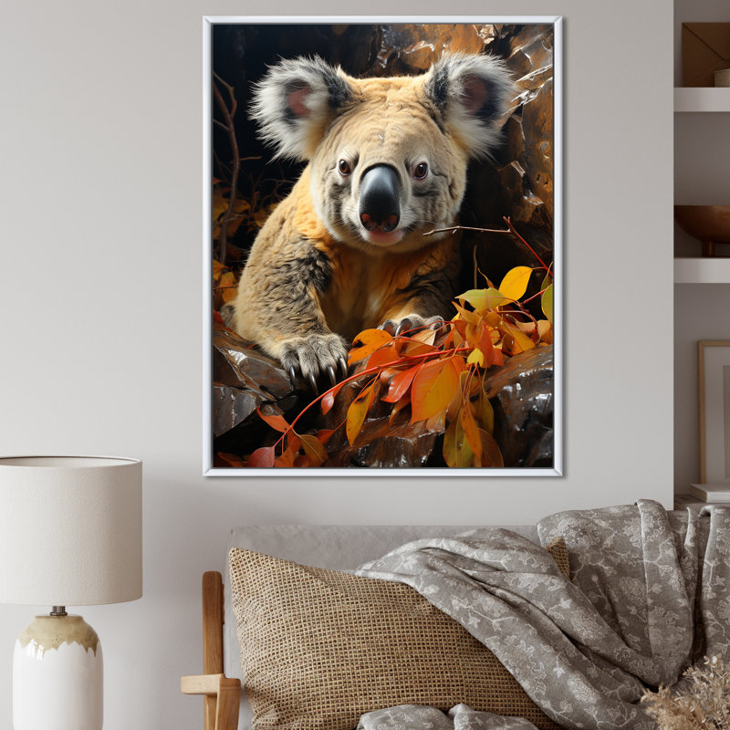 Koala Bush Retreat 2 - Koala Animal, art mural, Cadre flottant blanc, 44" H x 34" W