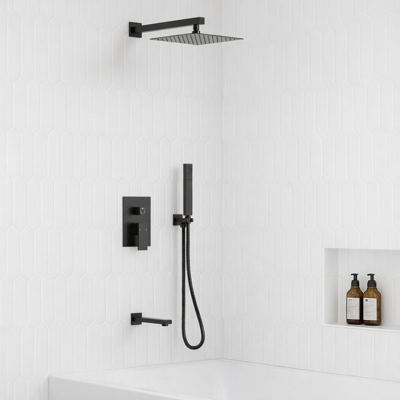 Wall Mount 10" High-Pressure Rainfall Shower System, Tub Shower Faucet Set with Rough-in Valve, Matte Black