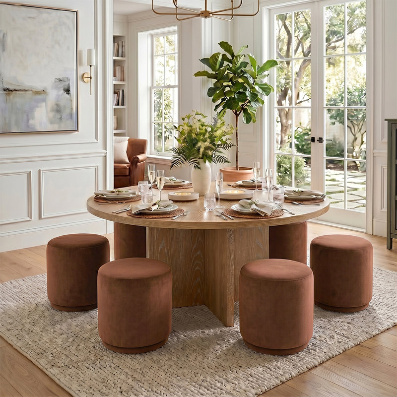 Ensemble de table de salle à manger 60 po avec 6 tabourets rembourrés en velours, Naturel, Sierra