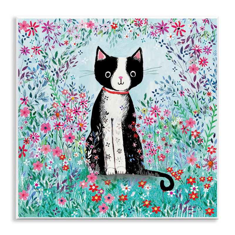 Plaque murale chat noir avec marguerites fantaisistes, design par Clare Tupper