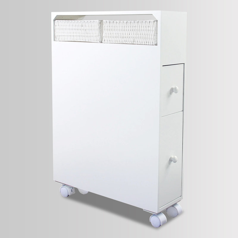 Slim Rolling Bathroom Storage Cabinet with 2 Drawers & Woven Baskets, Water Resistant Narrow Gap Rolling Organizer Cart with Lockable Casters for Toilet Side Space
