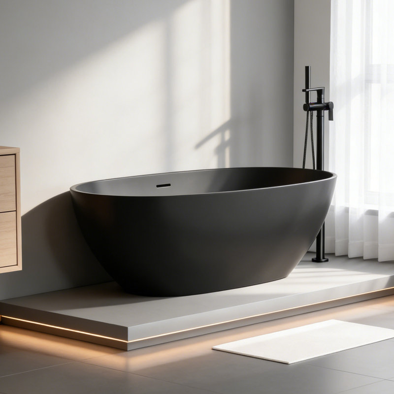 65" Matte Black Freestanding Solid Surface Bathtub, Matte Black