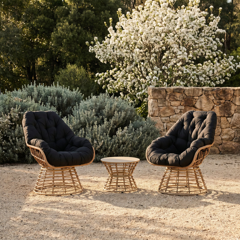Chaises longues pivotantes en osier pour 2 personnes avec table d'appoint ronde et coussins, Noir