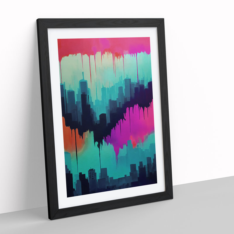 Colourful City Skyline No.2 - Painting, 66cm H x 48cm W x 2cm D, Black Framed, White