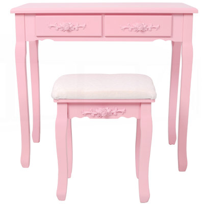Princess Vanity Desk Set with 360° Rotating Mirror, 4-Drawer Wooden Makeup Table for Girls' Room, Ample Storage and Comfortable Stool