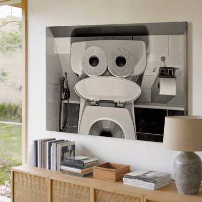 Une scène de salle de bain monochrome minimaliste avec une toilette qui a été transformée en toile d'art mural de qualité supérieure prête à être accrochée