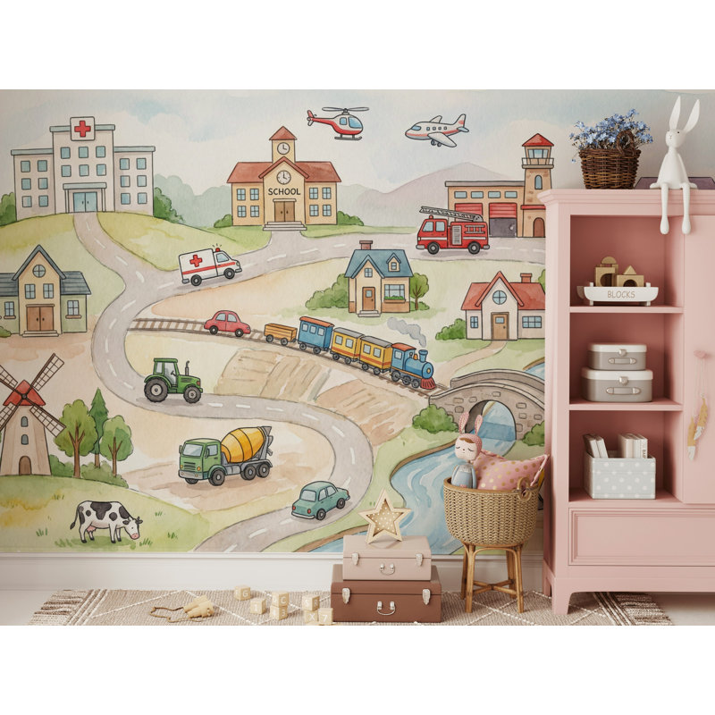 Papier peint Town Illustration, bâtiments, véhicules, L: 190 po x H: 108 po, Non-collé