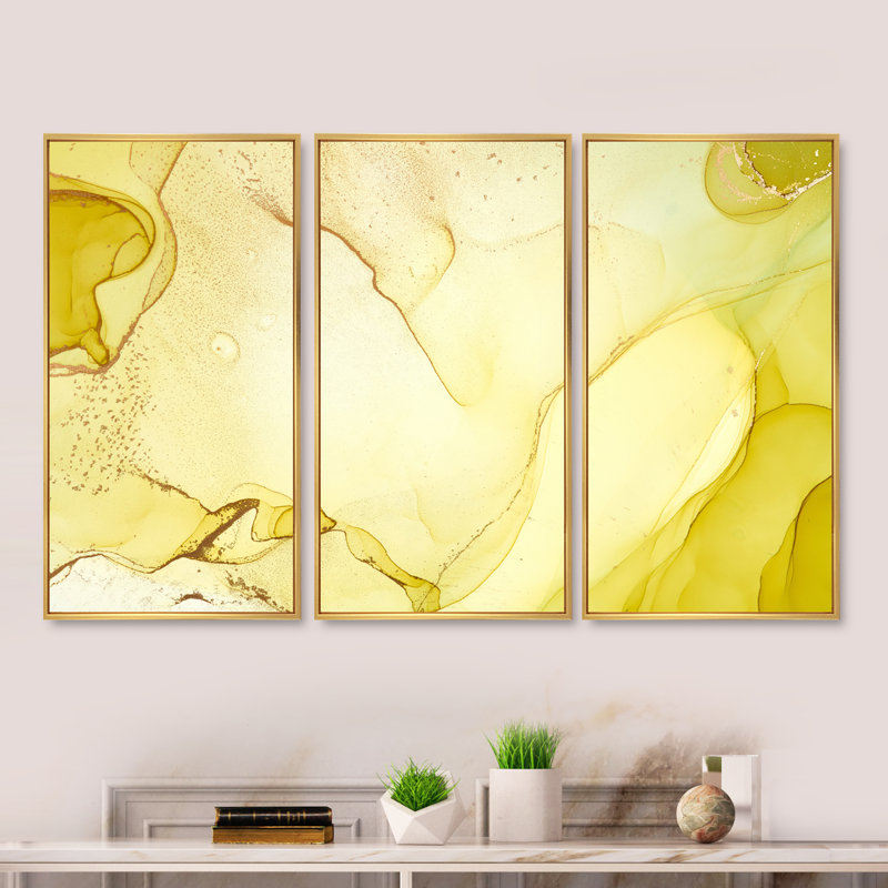 «Yellow Ink Art Fluid Landscape», reproduction de cadre flottant sur toile 3 pièces, H 20 po x l 36 po x P 1 po, Cadre doré