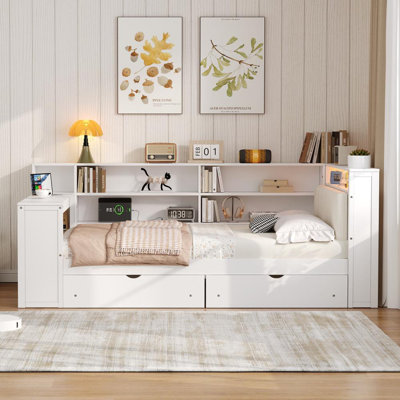Full Size Upholstered Daybed With Storage Shelves Drawers Corner Bed Frame With LED Lights