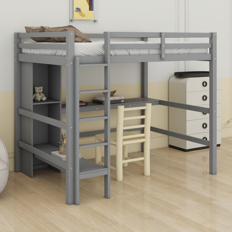Lit mezzanine avec tablettes multifonctionnelles et bureau sous le lit, gris