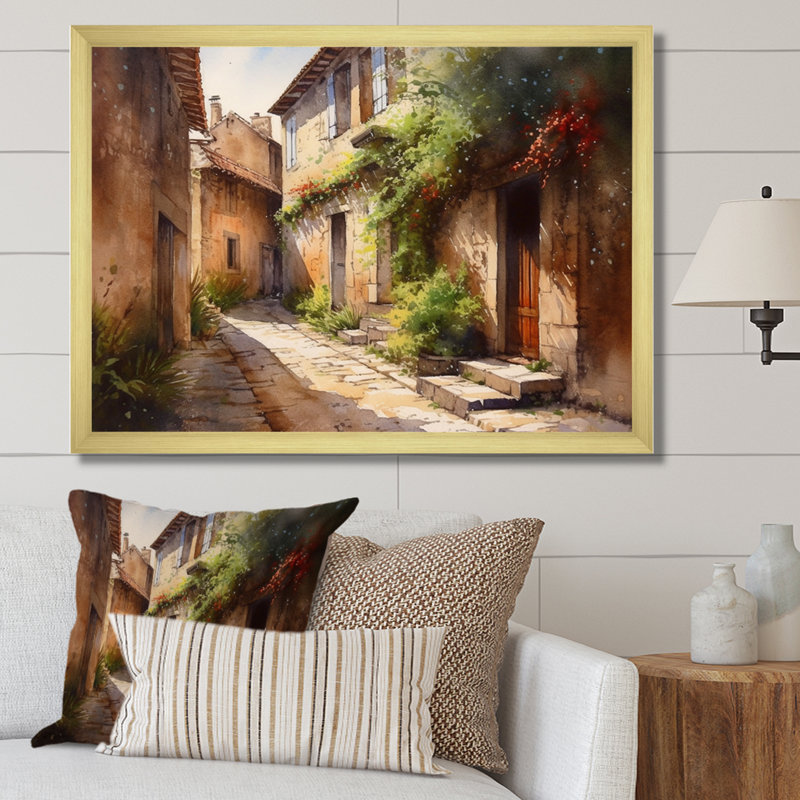 Ritsi, village méditerranéen, rue VIII, sur toile, H 24 po x l 32 po x P 1 po, Encadrement doré