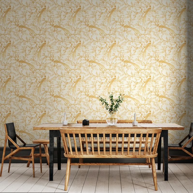 Bird Toile - Dark Denim 10m Wallpaper, Yellow Floral