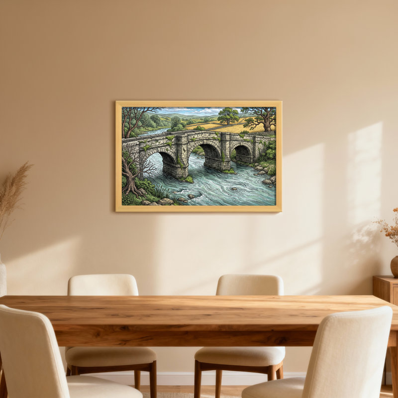 Pont de pierre sur une rivière, scène de paysage, 12" H x 18" W, Grain de bois clair, Cadre photo unique