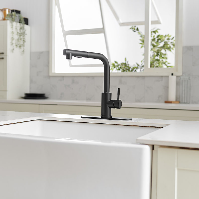 Robinet de cuisine extractible à poignée simple avec plaque de pont et conduites d'alimentation, Noir mat
