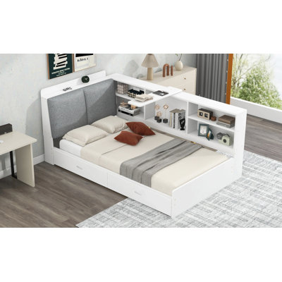 Lit plateforme en bois avec tête de lit avec rangement, tablettes et 2 tiroirs