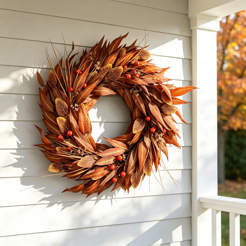 Couronne d'automne artificielle de 55 cm avec baies, couronne rustique de feuilles d'olivier artificielles pour porte d'entrée, décoration automnale de style ferme