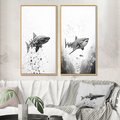 Danse du requin gris monochrome - ensemble de 2 décorations murales de requin