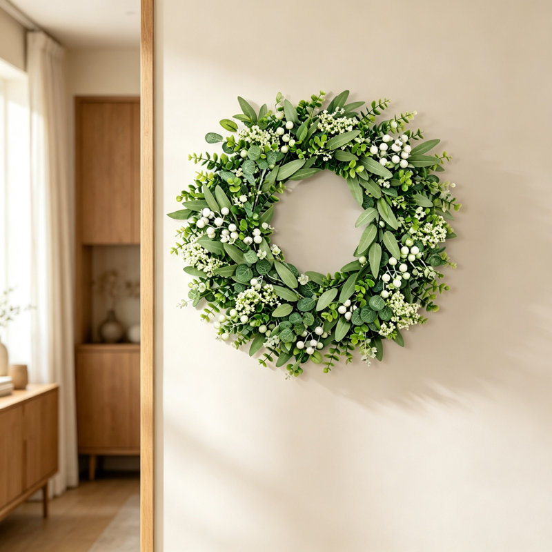 45cm (18 Inch) Artificial Eucalyptus Wreath for Front Door, Lifelike Spring & Summer Green Wreath with Berries, Indoor‑Outdoor Farmhouse Decoration for Window, Wall, Fireplace & Wedding Home Décor
