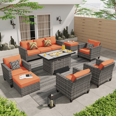 Allcot 7 - Person Wicker/Rattan Patio Furniture Set, Outdoor Fire Pit Sofa Set with Comfy Cushions