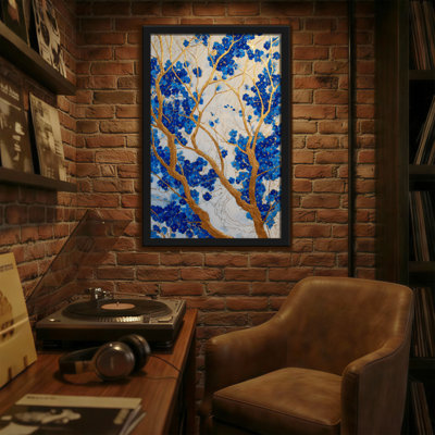 Plantes et fleurs, fleurs bleues, branches dorées, conception artistique