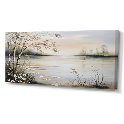 Gris blanc, été, matin, brume, lac, simplicité - impressions sur toile sereines, art mural encadré nature