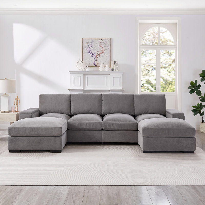 Upholstered Couch, Sectional Sofa with Deep Seating and Movable Ottomans