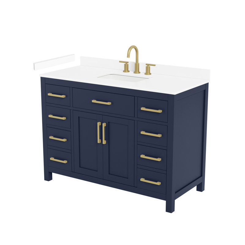 Meuble-lavabo simple 48 po Beckett en bleu foncé, comptoir en marbre de culture blanc, lavabo carré encastré (3 trous), garniture or brossé