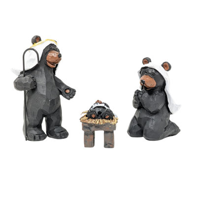 Resin Rustic Woodland 3-Piece Black Bear Nativity Set Christmas Decor with Holy Family Figurines