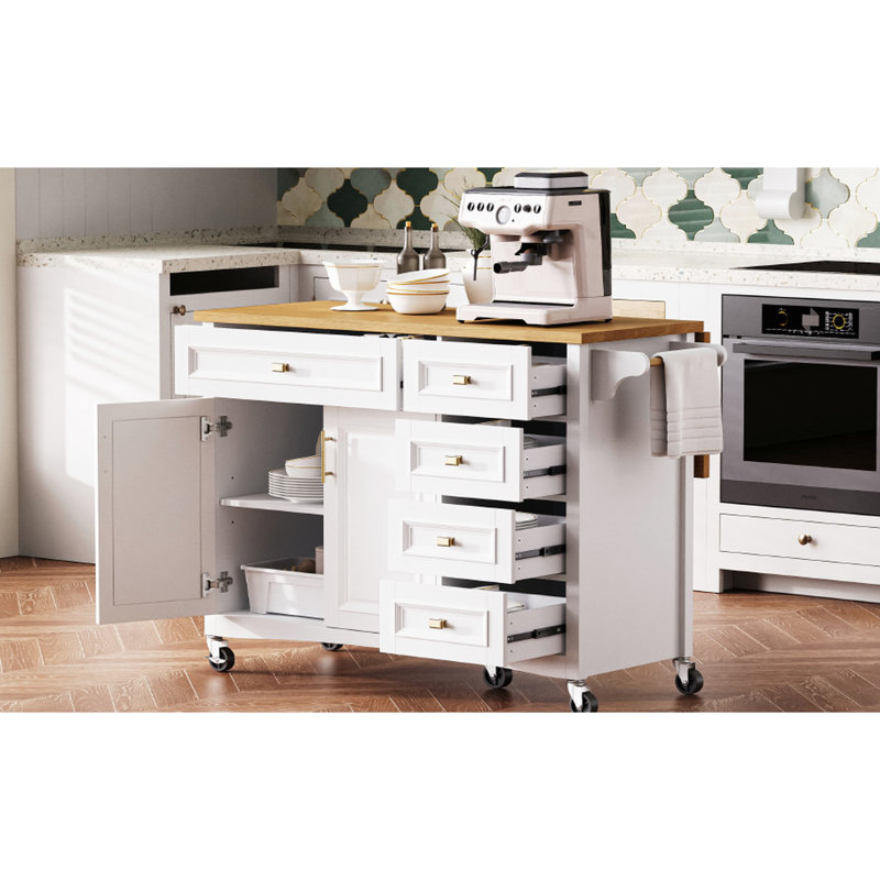 52'' Drop Leaf Kitchen Island On Wheels. White, Texture, Spice Rack, Towel 2 Doors, 5 Drawers, Adjustable Shelf For Modern Luxury Coastal With Storage Cart Luxurious